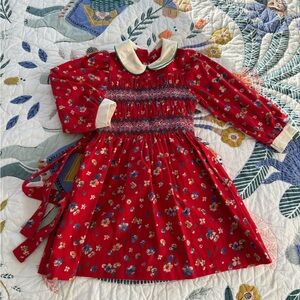 Vintage Red Floral Smocked Dress with White Collar